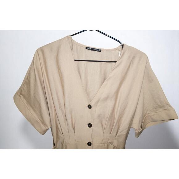 Zara Sand Short Linen Blend Dress With Belt Size S - Picture 7 of 9